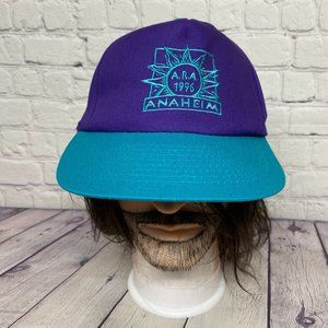Vintage 90s Hat Cap Snapback Purple Green A.R.A. 1996 Anaheim California Logo